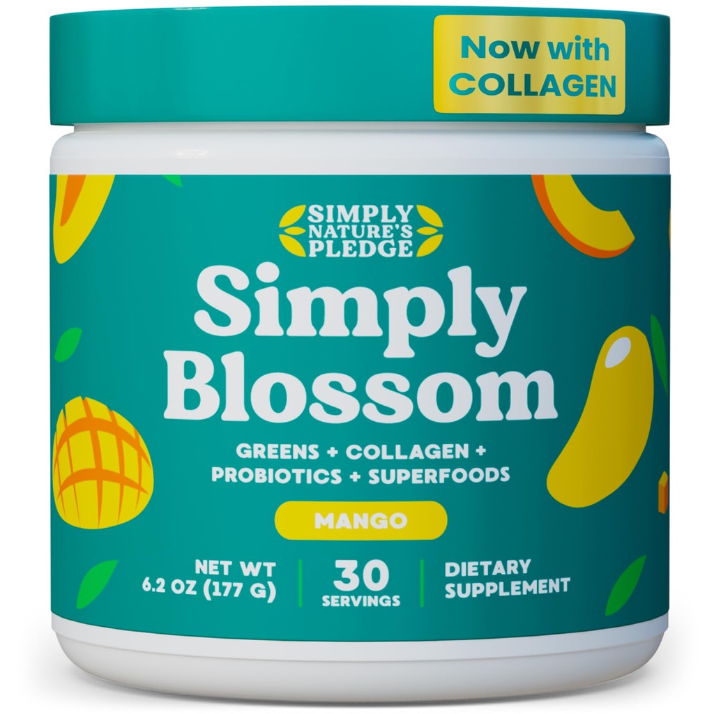Lihtsalt Blossom Nutrition Daily Greens & Superfood Powder + kollageen + probiootikumid naiste seedetrakti tervise ja puhituse leevendamiseks. Aidake oma tervist õitseda - 30 päeva pakkumine - Mango