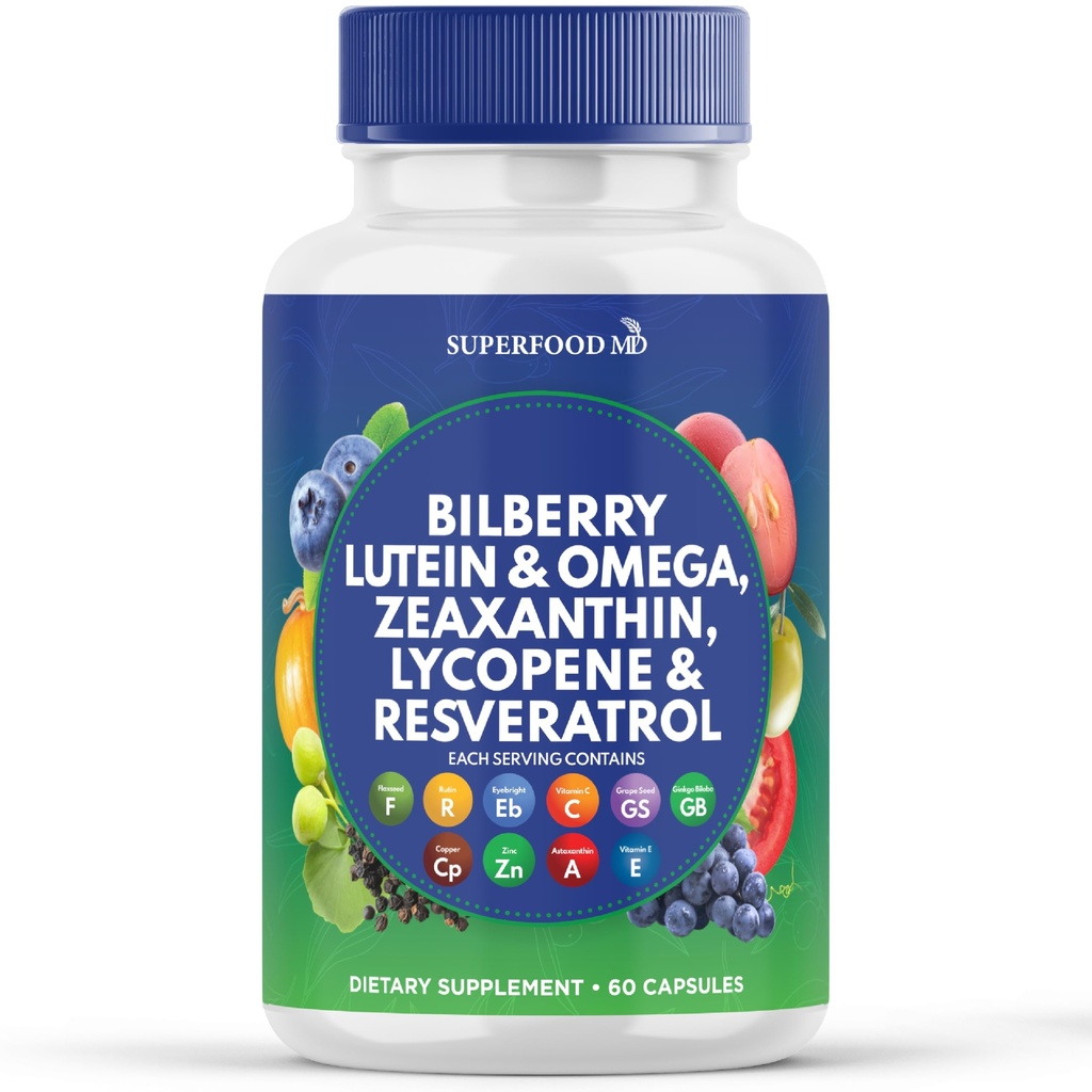 Superfood MD Eye Health Vitamiinid Bilberry Lutein & Zeaxanthin Lükopeen Resveratrol Viinamarjaseemne ekstrakt Astaksantiin- AREDS 2 - Silmavitamiin - 60 kapslit