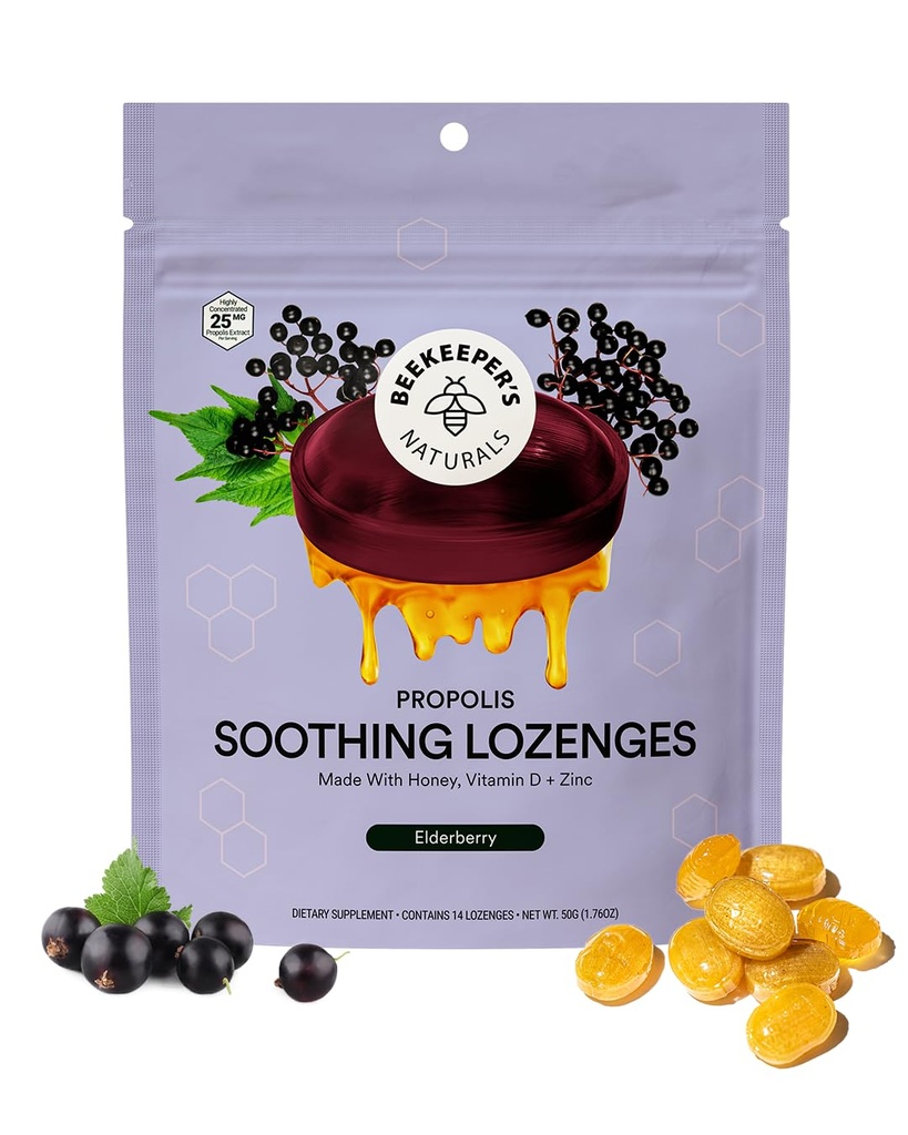 Mesiniku looduslikud rahustavad mesi Elderberry Köha tilgad Immuunsüsteemi toetamine D-vitamiini, tsingi ja propolise kurgu rahustavate kottidega, 14 Ct
