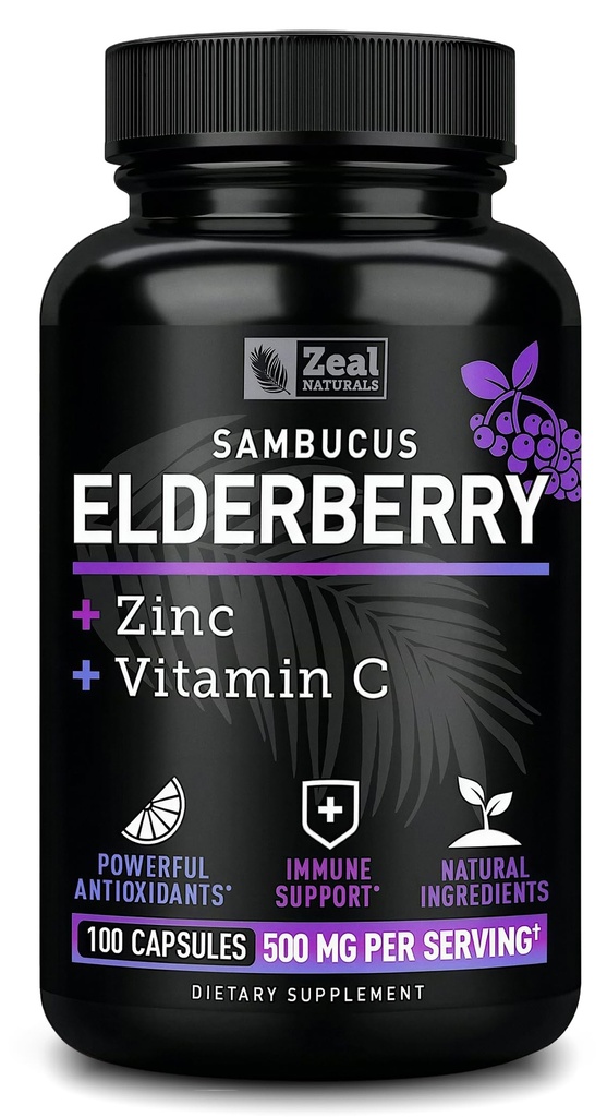 Zeal Naturals Max Tugevus Elderberry Kapslid + Tsink + Vitamiin C | 500mg immuunsüsteemi toetuseks Black Sambucus Elderberry | 100 Count | 3-in-1 Immune Support täiskasvanutele