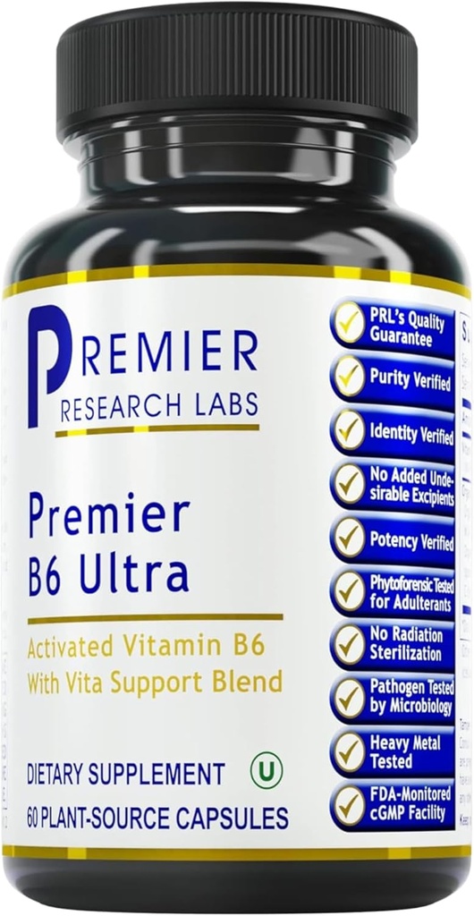 Premier Research Labs Premier B6 Ultra- P5P Vitamiin B6, püridoksaal 5 Fosfaat B6 Vitamiinid Lisand, 50mg B6 kapsli kohta, Aktiivvorm energia metabolismiks, & Ajufunktsioon - 60 taimetoitlase kapslit