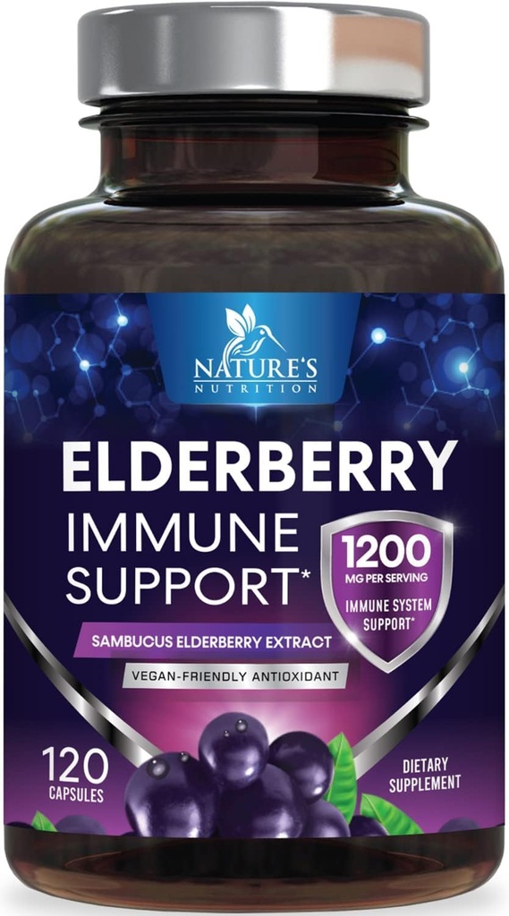 Elderberry Immune Support 1200mg - Daily Immune Support täiskasvanutele kontsentreeritud Sambucus Black Elderberry Extract - Antioksüdant vitamiinilisand, Gluteenivaba, pudeldatud USA - 120 kapslit