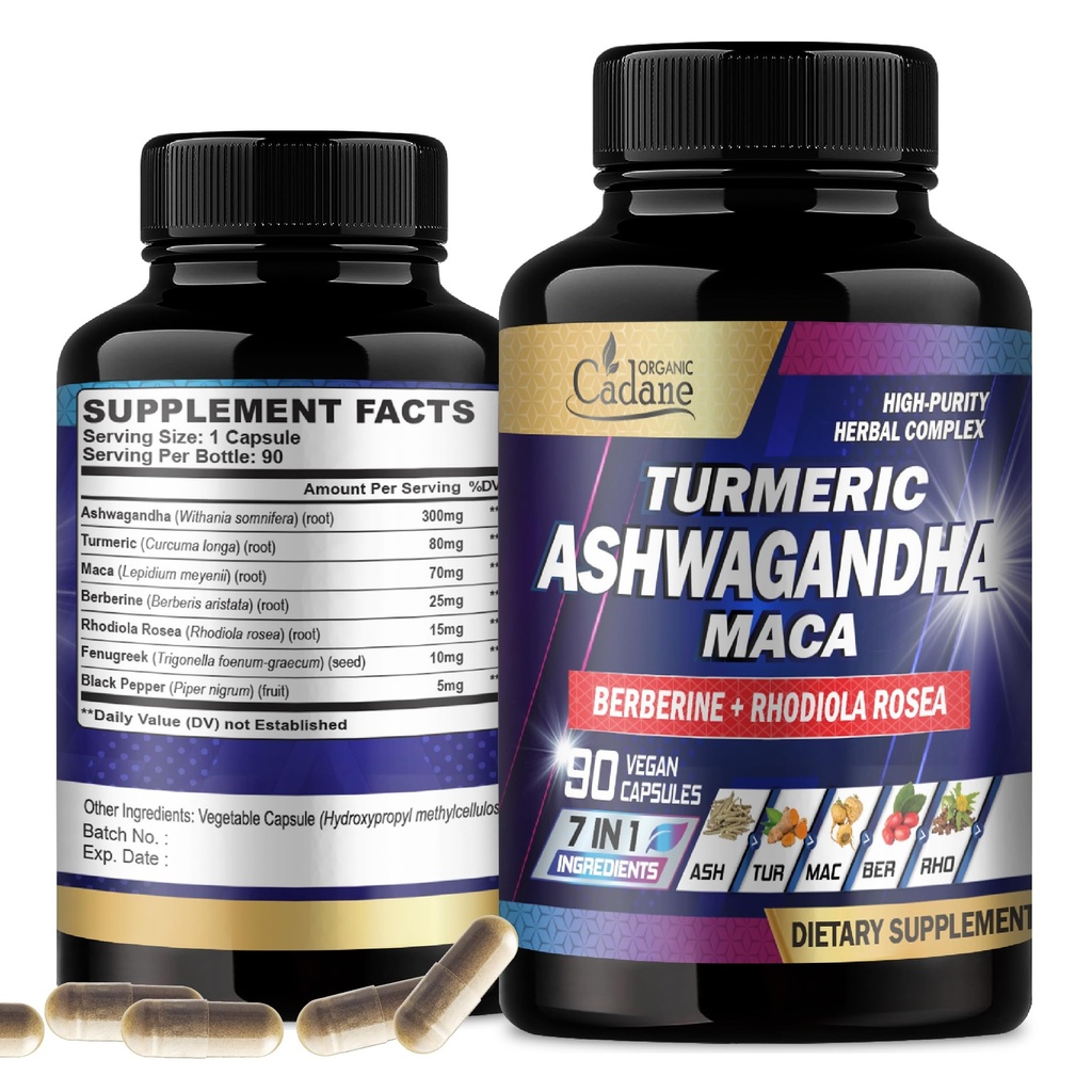 Orgaaniline Cadane Ashwagandha toidulisandid - mälu, immuunsüsteemi ja tugevuse tugi - 7in1 kontsentratsiooniga kurkum, Maca juur, Berberine & More - 90 Vegan kapslit 3-kuuliseks pakkumiseks