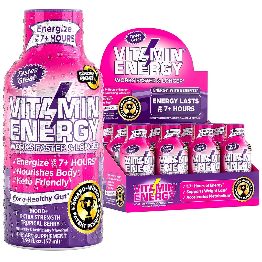 Vitamiin Energia Mood + energia Shot - Tropical Berry - 100% DV B-vitamiinid ja 260mg Taimepõhine kofeiin - nullkalorid, suhkruvaba, vegan, mitte-GMO - Mood & Energy Support - 1.93 fl oz, 12-Pack