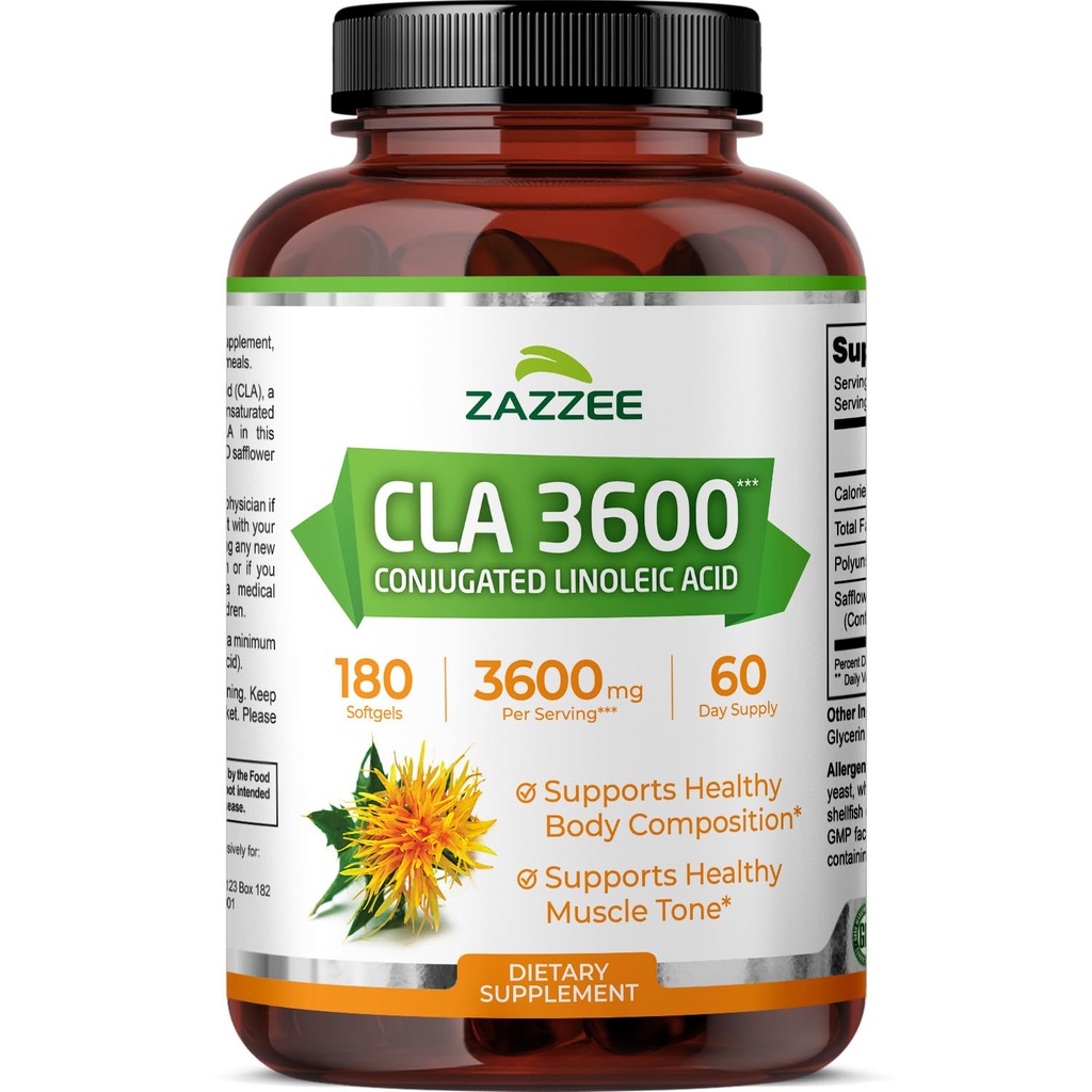 Zazzee kõrge tugevusega CLA 3600, 180 Softgels, 3600 mg ühe serveerimise kohta, konjugeeritud linoolhape saflooriõlist, kontsentreeritud ja standarditud, 60 päeva pakkumine, mitte-GMO ja valmistatud USA-s