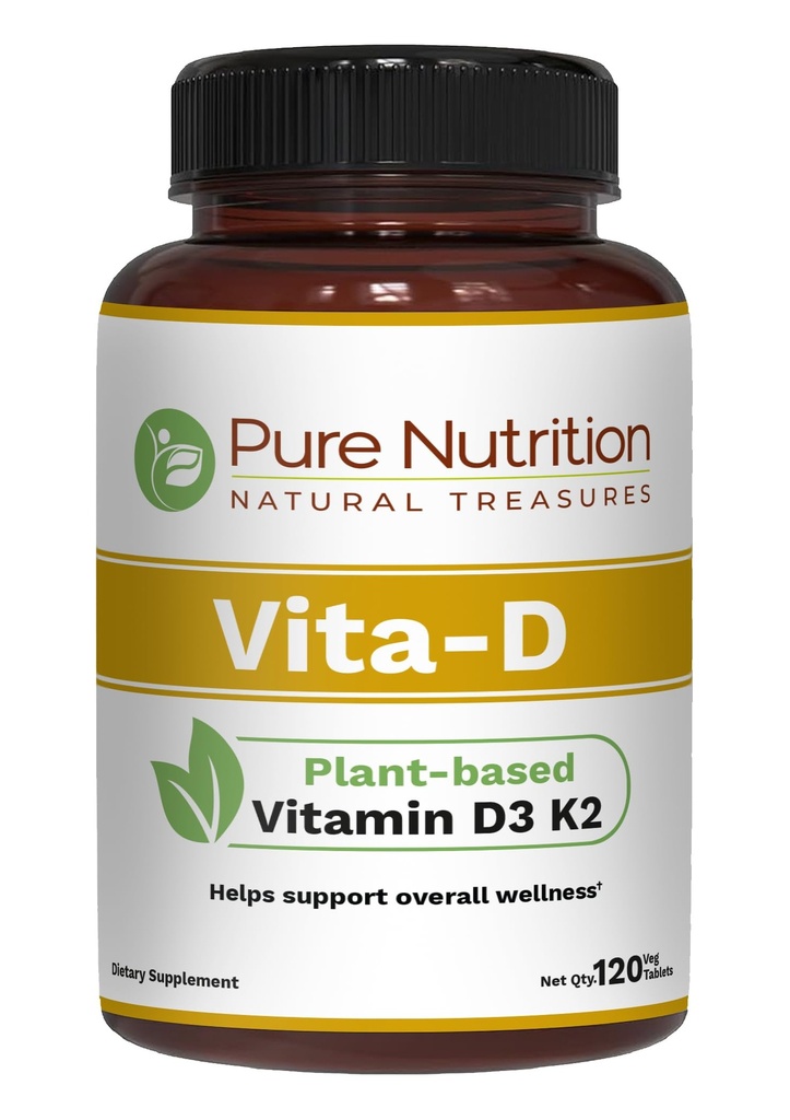 Puhas toitumine Vita D3 K2 - Taimne Vitamiin D3 K2 Lisa | 120 Tabs  Vitamin Vitamiin D3 6000 RÜ | Vitamiin K2 kui MK7 100mcg | Vitamiin K2 D3 | Mitte-GMO |