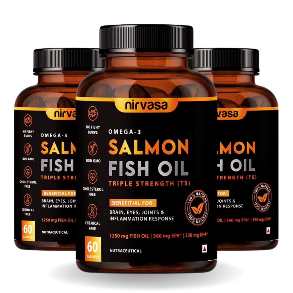 Nirvasa Omega 3 Salmon Fish Oil Softgels (Triple Strength, 3x60 Capsules) 1250mg | 560mg EPA & 400mg DHA | Supports Heart, Brain, Eye & Bone Health | No Fishy Burps | For Men & Women- Pack of 3