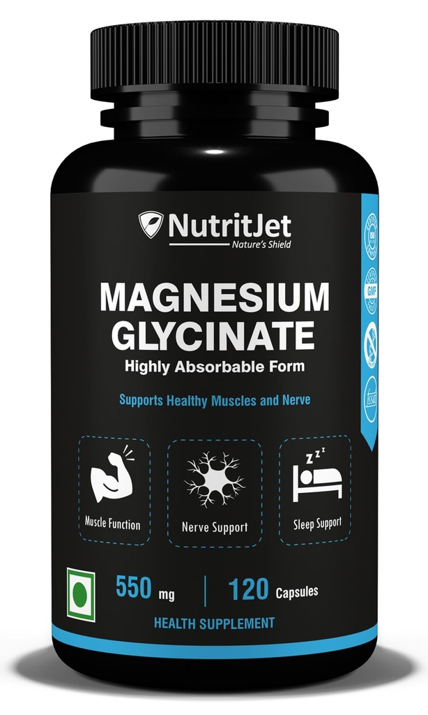 NutritJet Magnesium Glycinate 550mg – 120 Veg Capsules | High Absorption Chelated Magnesium for Sleep, Muscle Cramps, Relaxation & Nerve Health | Gentle on Stomach