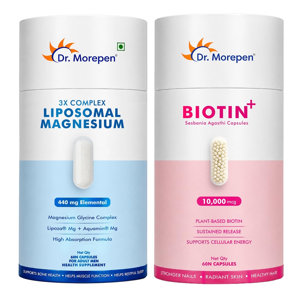 Dr. Morepen Liposomal Magnesium Complex 440mg with Aquamin®, Magnesium Glycinate, Vitamin D2, K2-7, B6 & B12 + Biotin+ 10,000 mcg with Pure Sesbania Agasthi Extract | Hair, Skin & Nails Wellness Combo