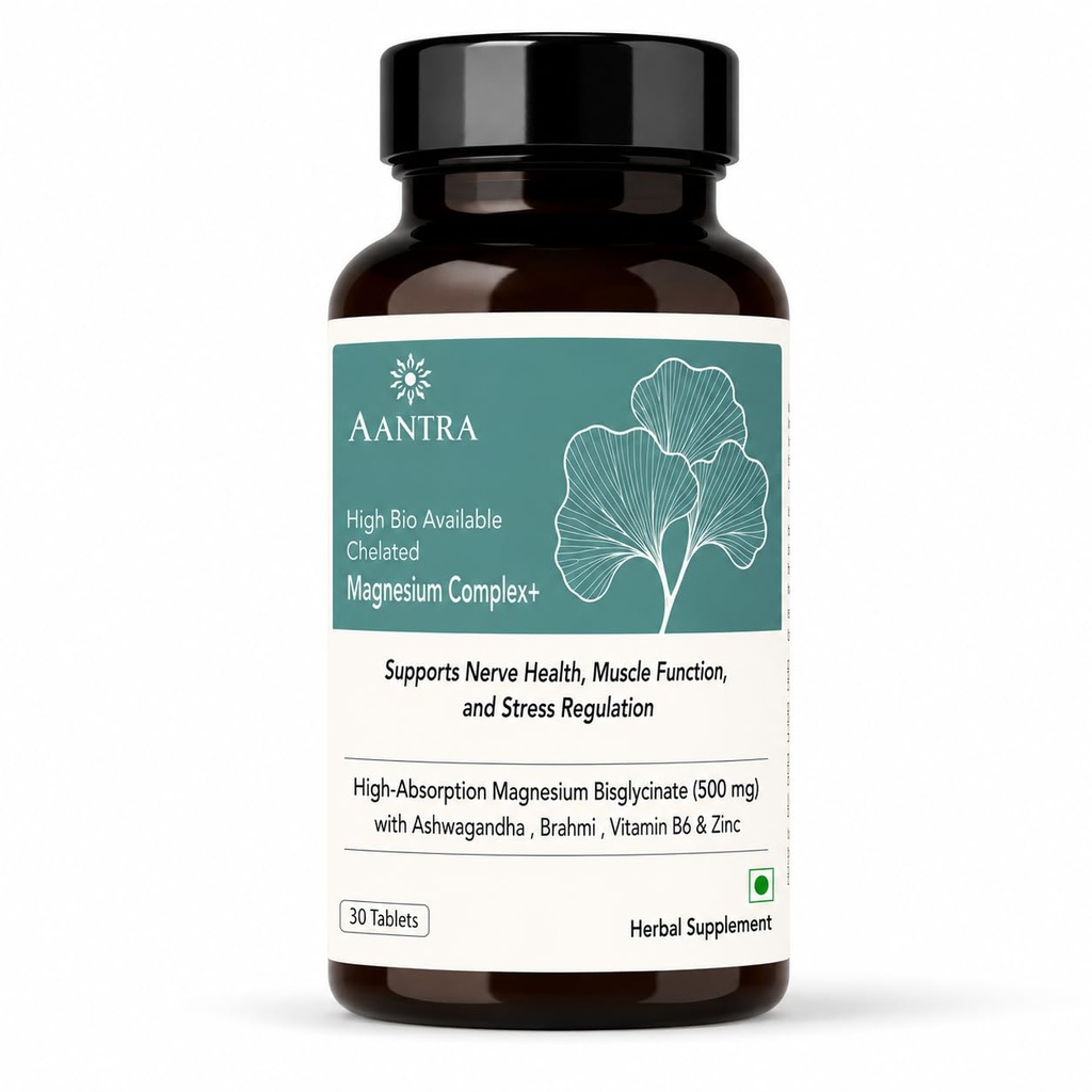 Magnesium Complex with Ashwagandha & Brahmi | Enhanced Absorption Magnesium Bisglycinate + Vitamin B6 & Zinc | 30 Tablet