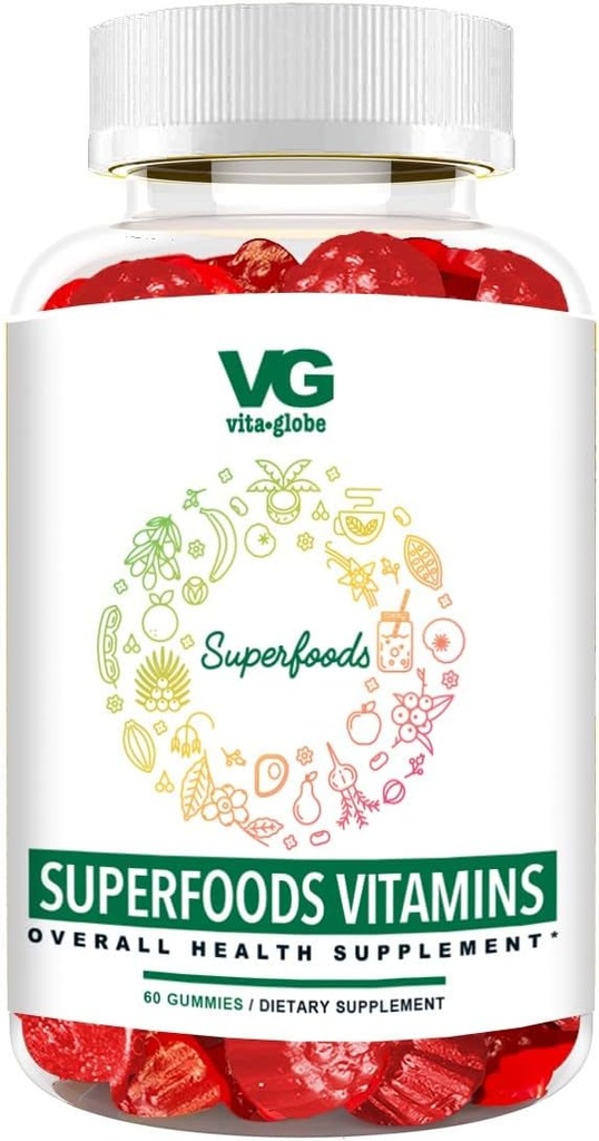 VITA GLOBE Superfood Gummy Vitamiinid - Immuuntervise Ja Antioksüdandid Toetus - Daily Wellness Gummies täiskasvanutele ja lastele - Vegan, Non-GMO, Gluteenivaba Superfood Supplement - 60 Count