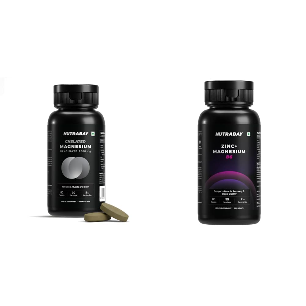 NUTRABAY Magnesium Glycinate 2000mg Per Serving - 60 Tablets and Nutrabay Pro Zinc Magnesium (ZMA) - 60 Veg Tablets