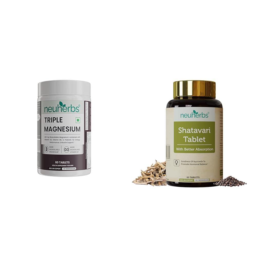 Neuherbs Triple Magnesium Tablets (Bisglycinate, Aquamin & Liposomal) | Supports Sleep, Stress Rel | Neuherbs Shatavari 60 Tablets | Boost Energy, Immunity & Maintain Women's Hormonal Balance | Suppo