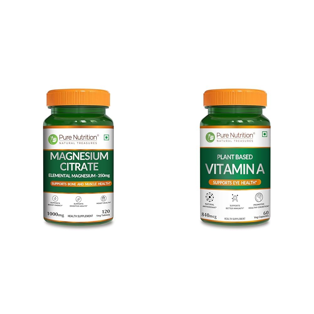 Pure Nutrition Magnesium Citrate Tablets 1000mg Per Serving | Magnesium citrate Supplement Support | Pure Nutrition Plant-Based Vitamin A from Beta Carotene | 60 Veg Capsules for Men & Women | Suppor