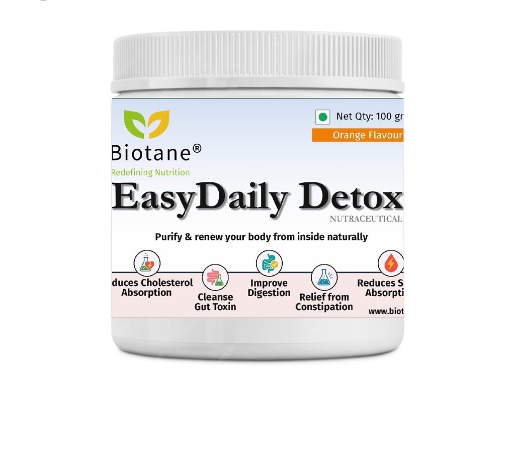 Biotane EasyDaily Detox I Natural Prebiotic Gut Cleansing Fiber blend | Made with 99% Pure Psyllium Husk & Wheat Fiber I Effective in single dose I100 gm Jar (Orange Flavour)