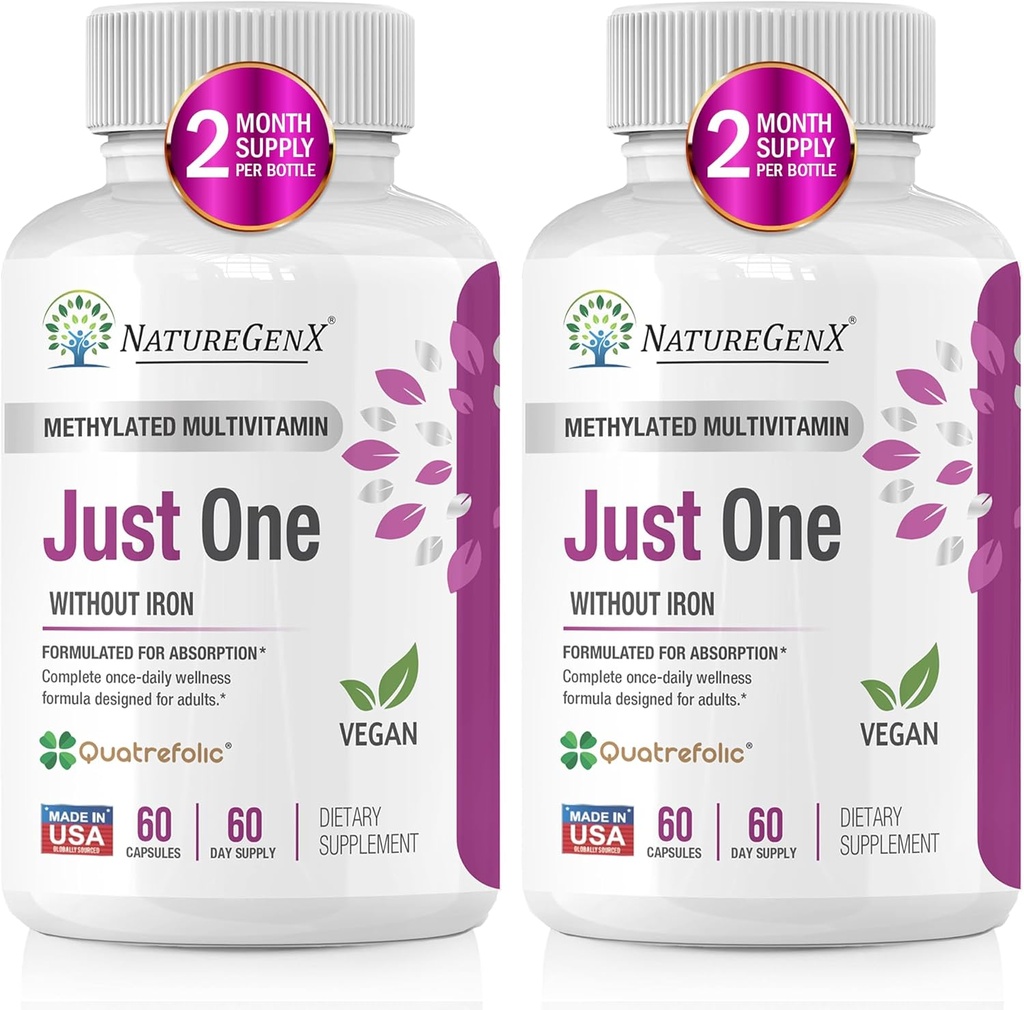Ainult üks igapäevane Metüülitud multivitamiin Metüül B12-ga, kvartefoolne metüülfolaat, puhas MTHFR-i lisand rauata meestele ja naistele, 2 pudelit (60 vegankapslit), USA-s valmistatud