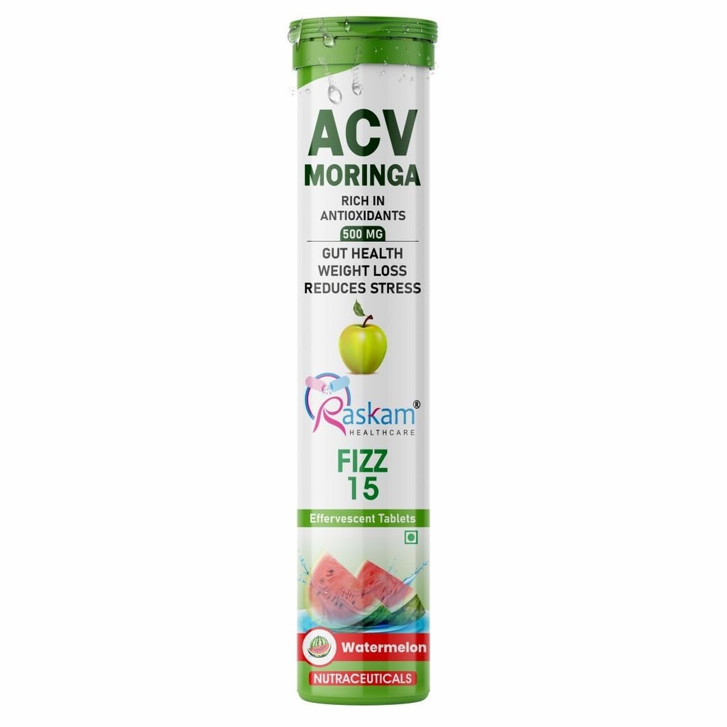 ACV Moringa 15 Effervescent Tablets 500mg Apple Cider Vinegar With No Added Sugar For Gut Health | Immunity Booster | Weight Loss | (Pack of 1, Refreshing Watermelon Flavour)
