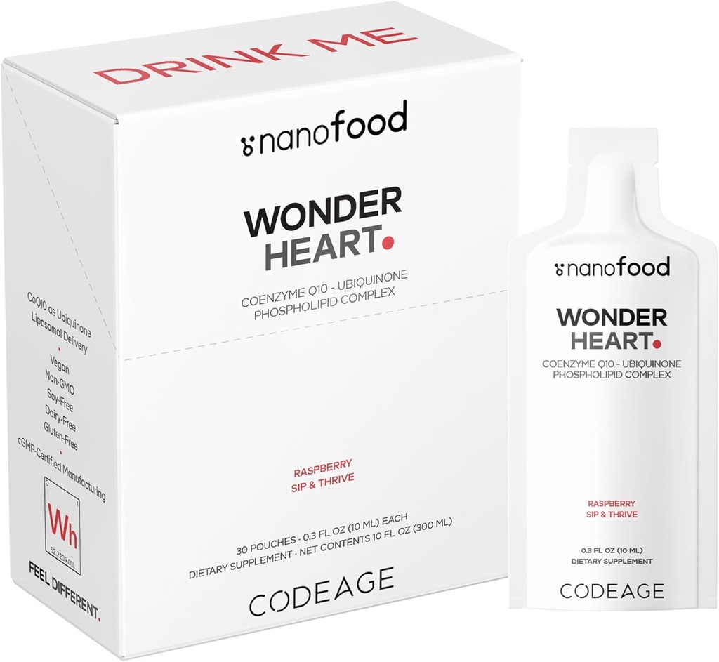 Codeage Wonder Heart Liquid CoQ10 Liposomal Ubikinone Supplement , Coenzyme Q10 Heart Vitamins , Non-GMO päevalille fosfatidüülkoliin Vegan Blend , Vaarika Maitsestatud Softgel , Pack of 30 Pouches