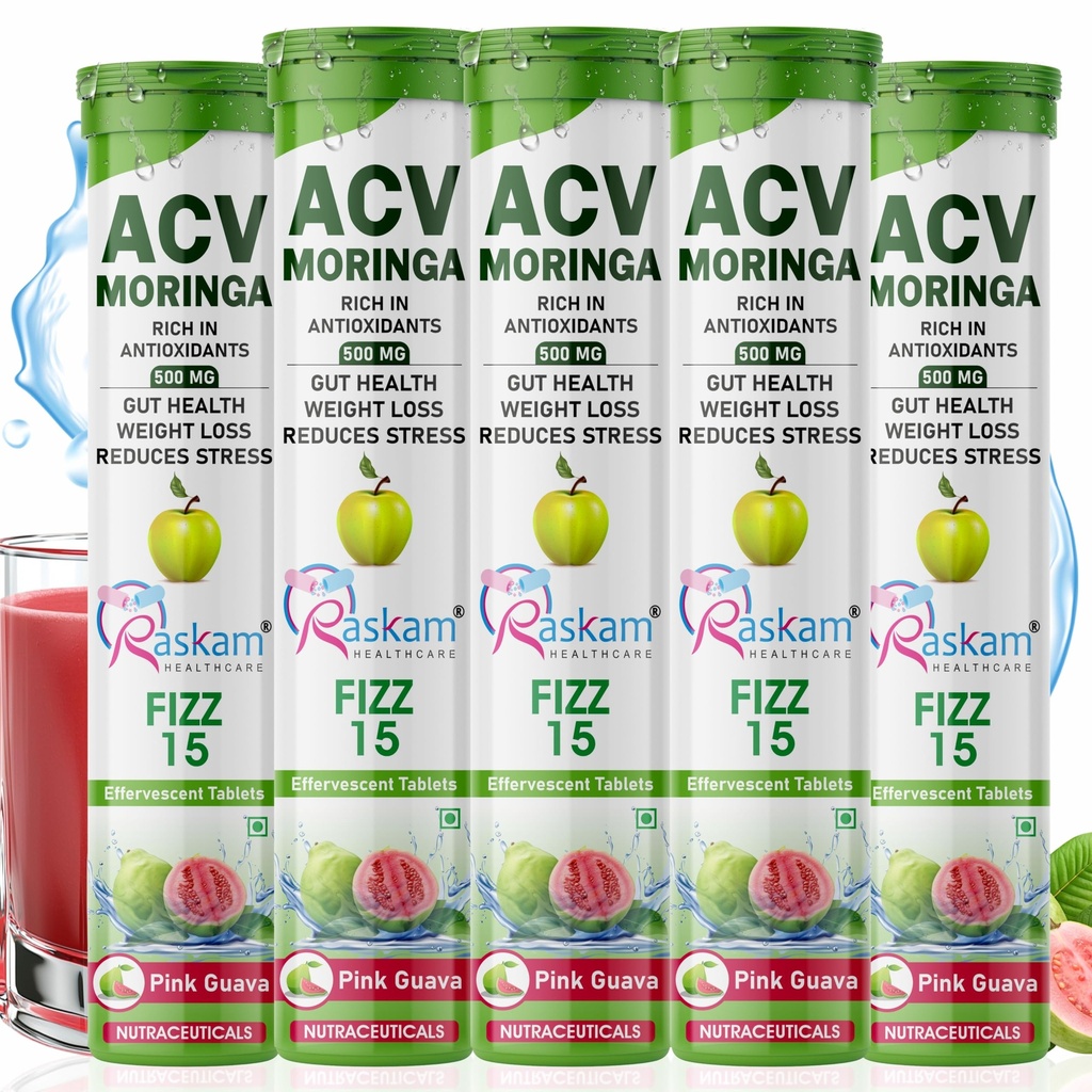 Apple Cider Vinegar Moringa Fizz Tablets 500mg – Pink Guava Flavor, Natural Energy & Appetite Support – 15 Effervescent Tabs (Pack of 5)