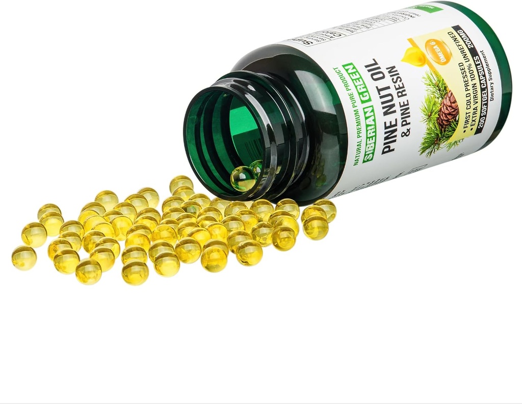 Siberi roheline männi pähkliõli w / männivaigukapslid 200 softgels Wild Harvested Siberia Altai Külm Pressed Unrefined