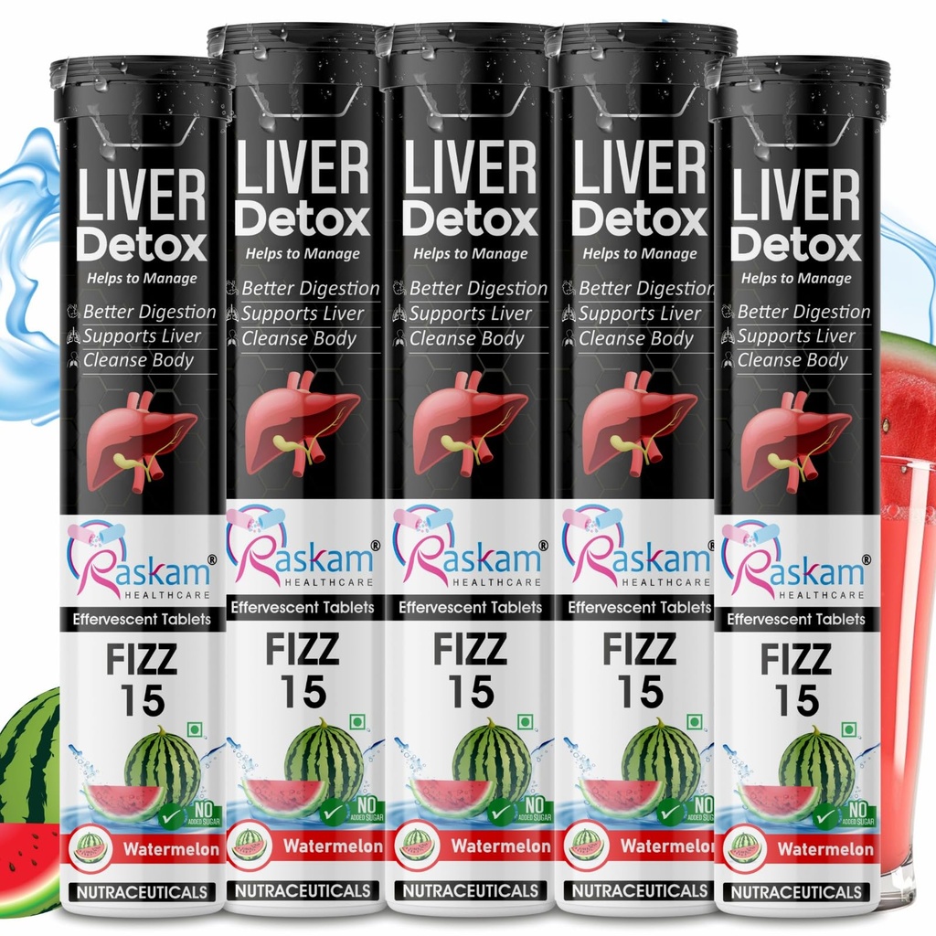 Liver Detox Effervescent – Plant-Based Detox with 9 Ayurvedic Herbs | Sugar-Free | Refreshing Watermelon Flavor | Drop, Fizz, Sip | Fizz 15 Tablets Pack of 5