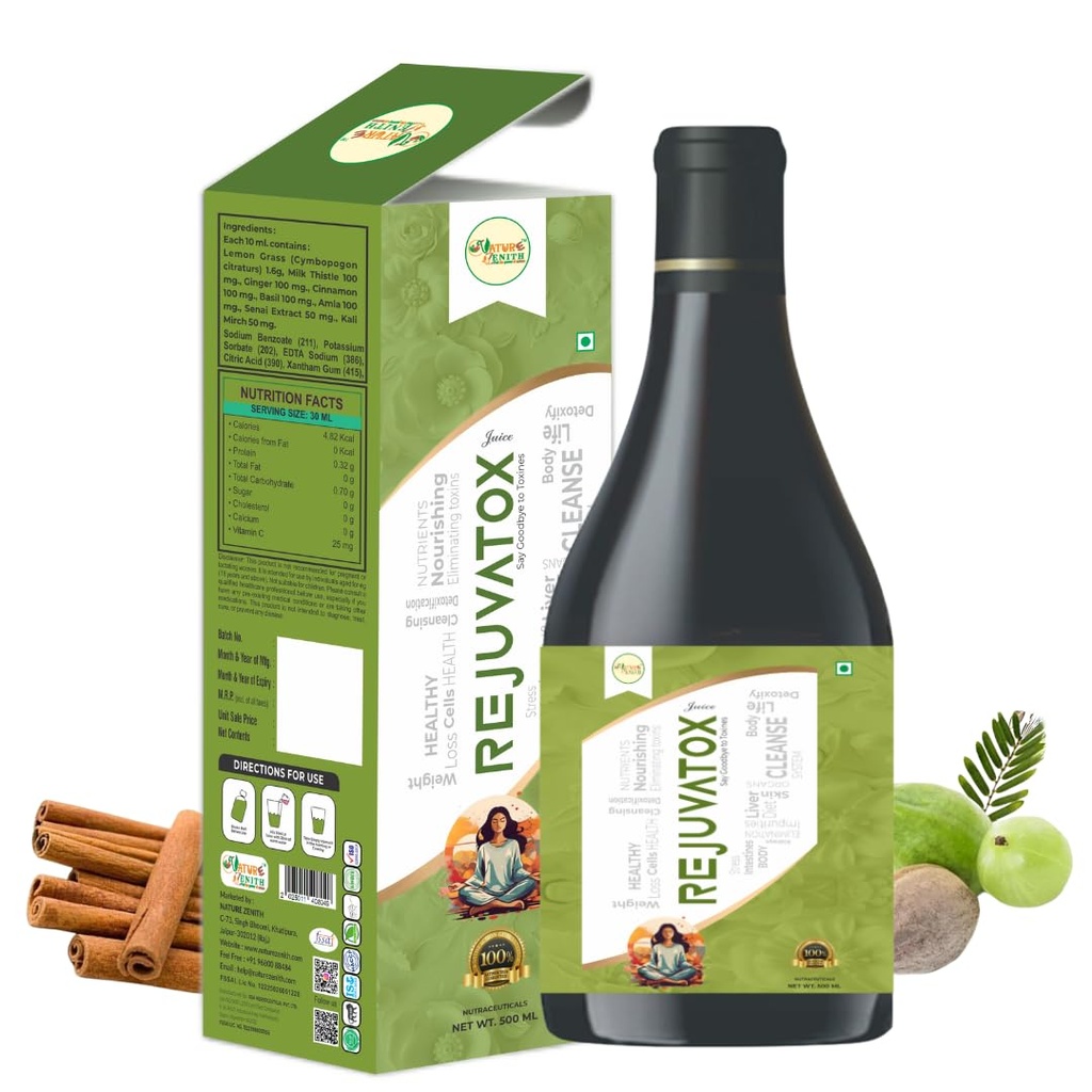 Nature Zenith Rejuvatox Detox Juice 500ml | Ayurvedic Body Cleanse Drink with Amla, Giloy, Lemongrass & Cinnamon | Liver Detox, Immunity Booster, Gut Health & Weight Management | Herbal Wellness Juice