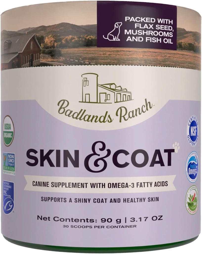 Badlands Ranch - Naha ja Coat Canine Supplement w / Omega-3 rasvhapped, Org. Koostisosad, Antioksüdant Topper, Nourish Coat & Paws, Joint, Support Shiny Coat & Healthy Skin poolt Katherine Heigl (30 Scoops)