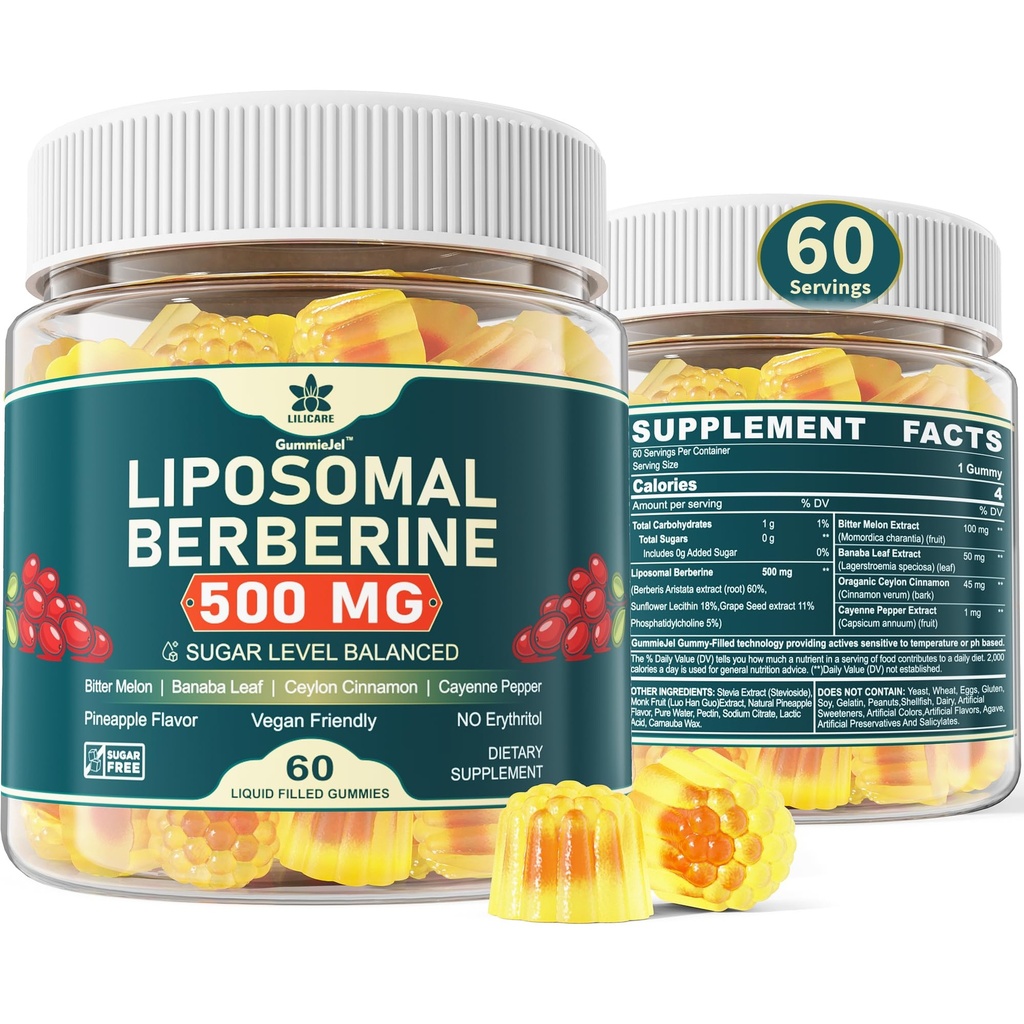 LILICARE Berberine 500mg täiendus, üks kord päevas, Liposomal Gummies koos Ceylon Cinnamon, Bitter Melon, Banaba Leaf Metabolism Tasakaalustatud, AMPK Activator, kõrge imendumine, Sugar Free, Vegan, 60 Cts