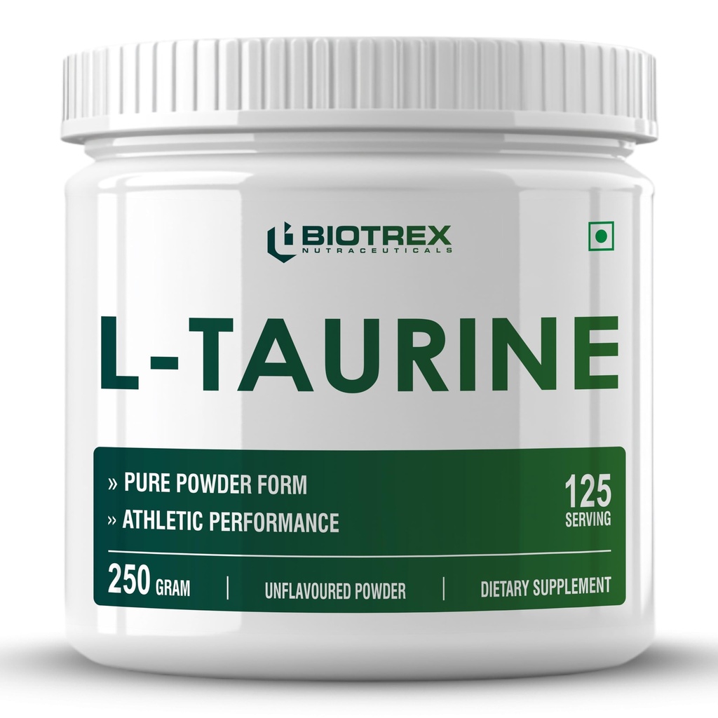 Biotrex Nutraceuticals L-Taurine Powder | Amino Acid Supplement For Athletic Performance | Cardiovascular Health & Enhances Muscle Function | Men & Women - 250Gram (Serving 125)