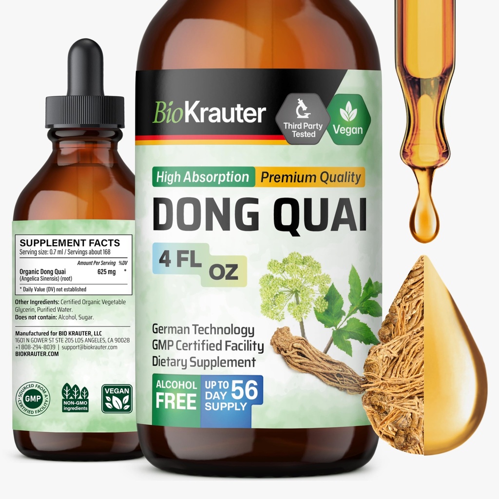 BIO KRAUTER® menopausi täiendused naistele * - Dong Quai langeb 4 Fl.Oz 56 tarnepäeva - Vegan Angelica juure tinktuur menopausi toetuseks - Alkohol ja suhkruvaba - Lõõgastus ja naiste heaolu