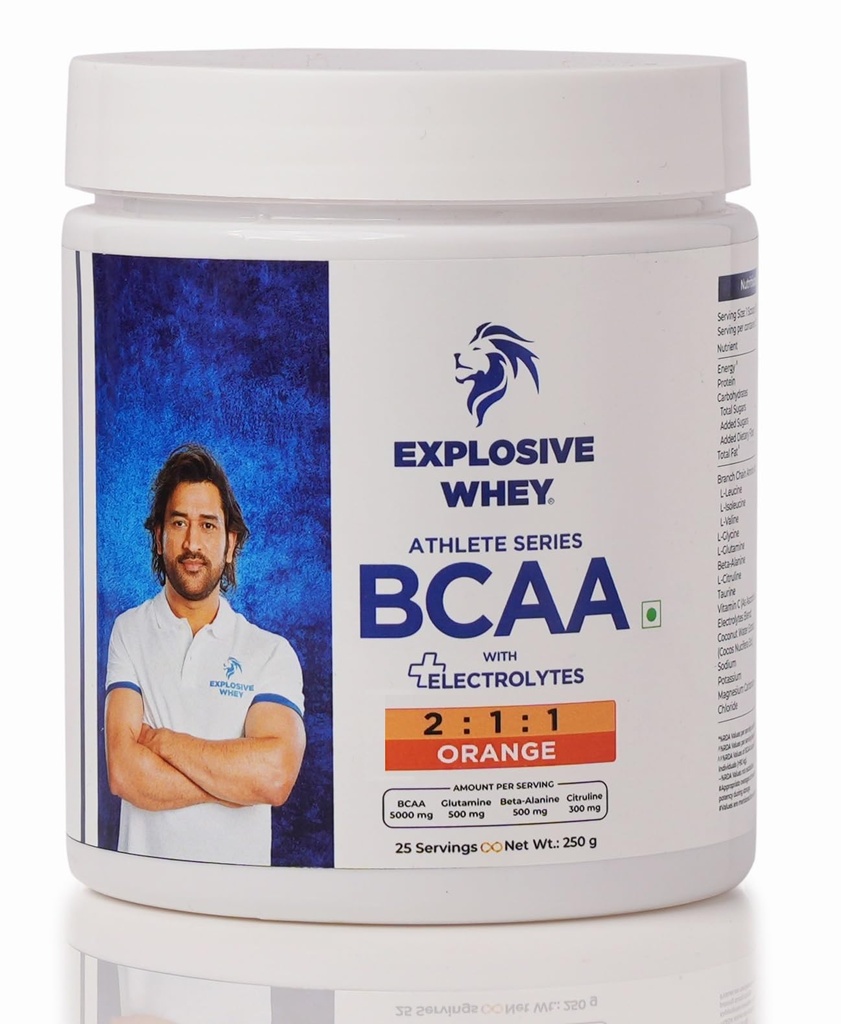 Explosive Whey Athlete Series BCAA - 250g | Trusted By M.S. Dhoni | 5g BCAA (2:1:1 Ratio) + 500mg Glutamine | Enhanced Muscle Recovery & Endurance | Intra workout (250 Gm, Orange)