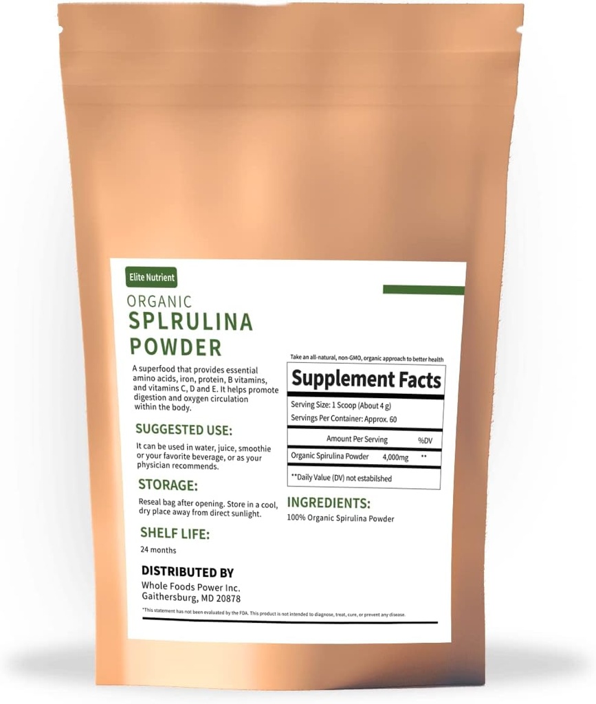 Orgaaniline Spirulina pulber, GMO-vaba, USDA sertifitseeritud, kõrge valgusisaldusega supertoit, energia suurendamine, immuunsuse suurendamine, individuaalne pakend