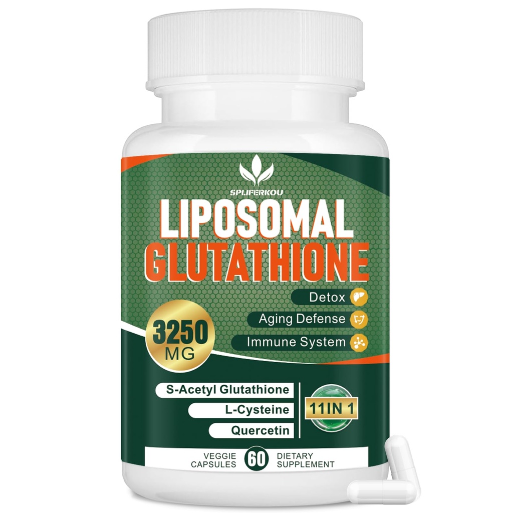 3250 MG Liposomal Glutatiooni lisand, vähendatud L-glutatiooni resveratrooliga, kvetsetiin, immuunsüsteemi antioksüdantide lisand, gluteenivaba ja mitte-GMO, 60 kapslit