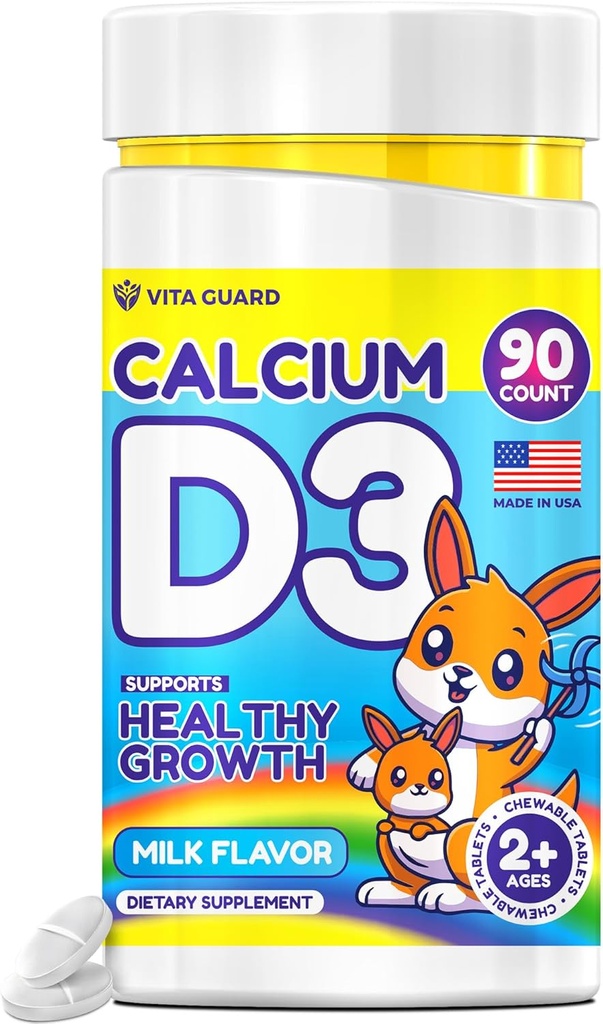 Kaltsium D3 närimistabletid lastele - 640 mg kaltsiumi ja 320 IU D3-vitamiini - mitte-GMO, piima maitse - luude ja hammaste tugilisa - 90 tabletti vanuses 2+