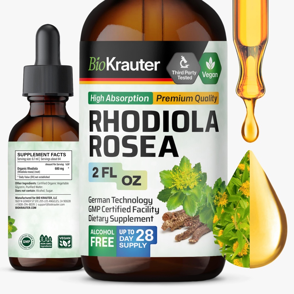 BIO KRAUTER Rhodiola Rosea Supplement Vedelik - Puhas Rhodiola Rosea Tinktuur - Vegan Rahulikkus Toetus - Alkohol & Suhkru Vaba Ekstrakt 2 Fl.Oz.