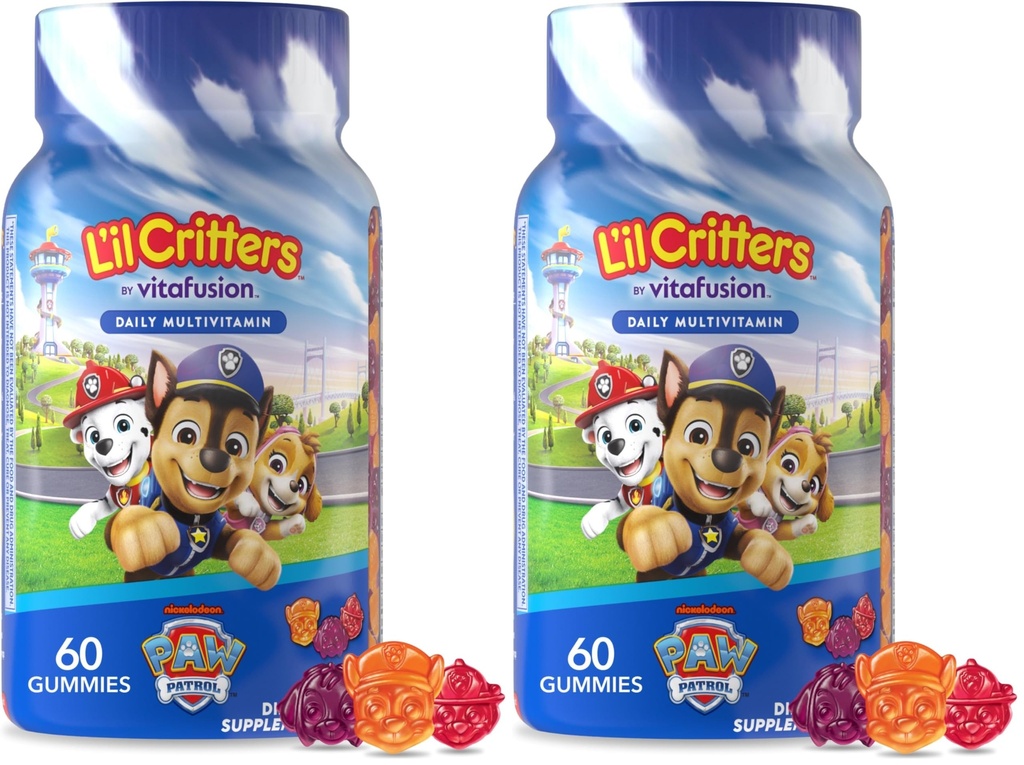 L'il Critters Paw Patrol Gummy Vites Daily Gummy Multivitamiin lastele, vitamiin C, D3 immuunsuse tugi kirss, apelsin ja mustikas Maitseained, 60 Gummies (pakk 2)