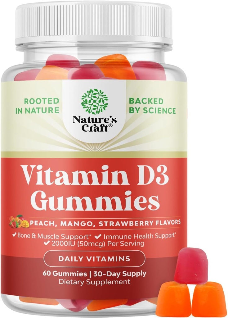 Loodused Käsitöö Vitamiin D3 Kummid igapäevaseks heaoluks - Maitsev D Täiskasvanud 2000IU-ga teenindava luulihase ja immuunsuse toetusega Mitte-GMO želatiin Gluteen vaba (30 päeva pakkumine)