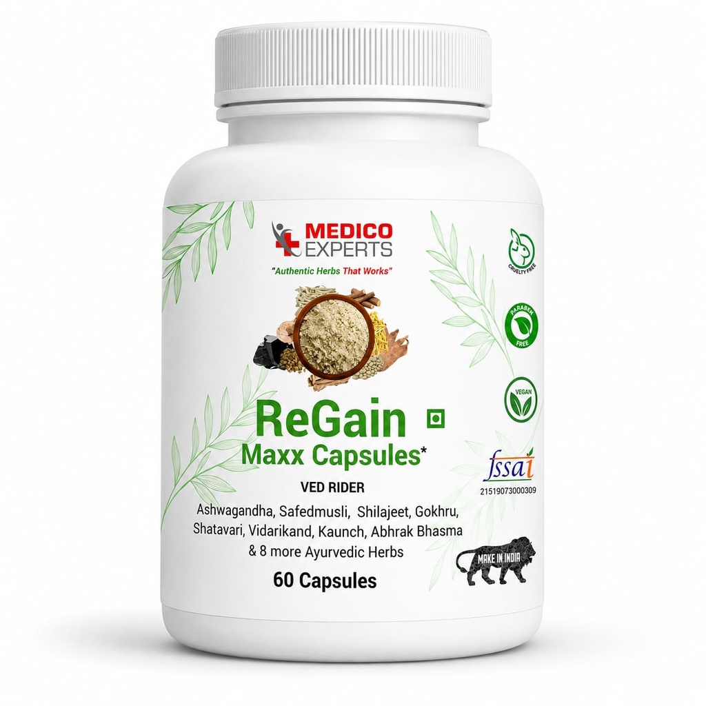 ReGain Maxx Capsules - Shilajit Ashwagandha Safed Musli Gokshura - 16 Ayurvedic Herbs, FSSAI Licensed, Heavy Metal Tested, Supports Energy & Stamina - 60 Capsules (15 Days)