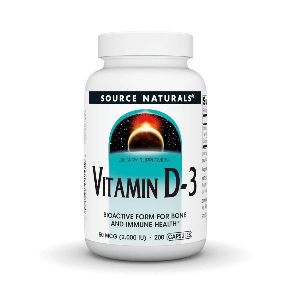 Allikas Naturals Vitamiin D-3, bioaktiivne vorm luude ja immuunsüsteemi tervisele *, 2000 RÜ - 200 kapslit