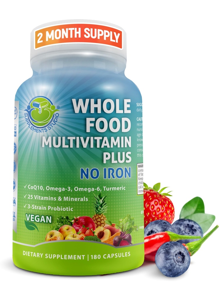 Vegan Terve toit Igapäevane multivitamiin ilma rauata, Metüülitud multivitamiin naistele ja meestele, valmistatud puuviljadest ja köögiviljadest, B-kompleks, probiootikumid, ensüümid, CoQ10, omegad, kurkum, mitte-GMO, 180 loend