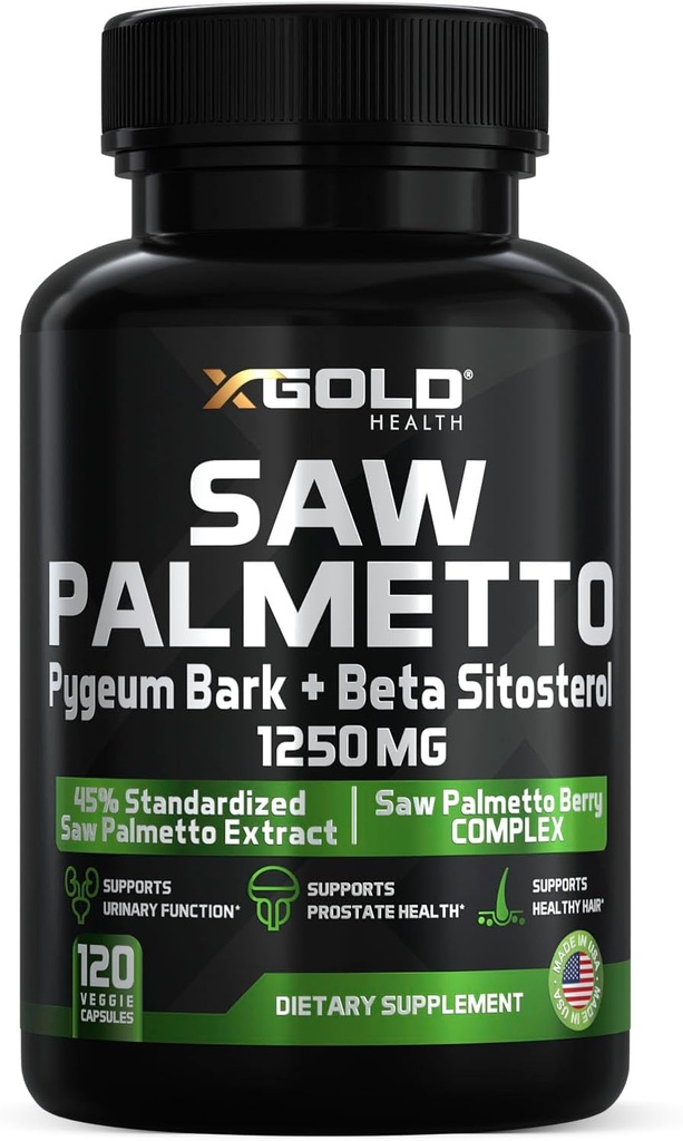 X Gold Health Saw Palmetto Prostate Supplement for Men | Pygeum Bark | Beta Sitosterol Supplement | Potent 3X Formula | Urinary Function Prostate | DHT Blocker Hair Growth| 4 Month Supply Made in USA