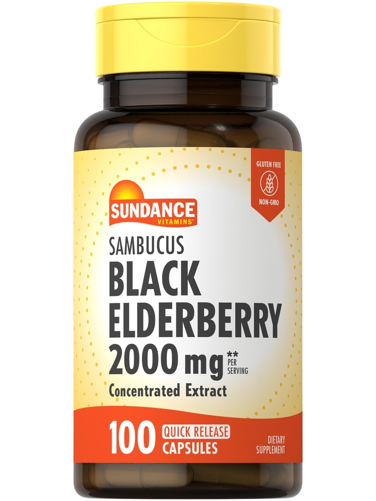 Sundance Sambucus Black Elderberry Capsules | 2000mg | 100 Count | Non-GMO ja Gluteeni tasuta täiendada