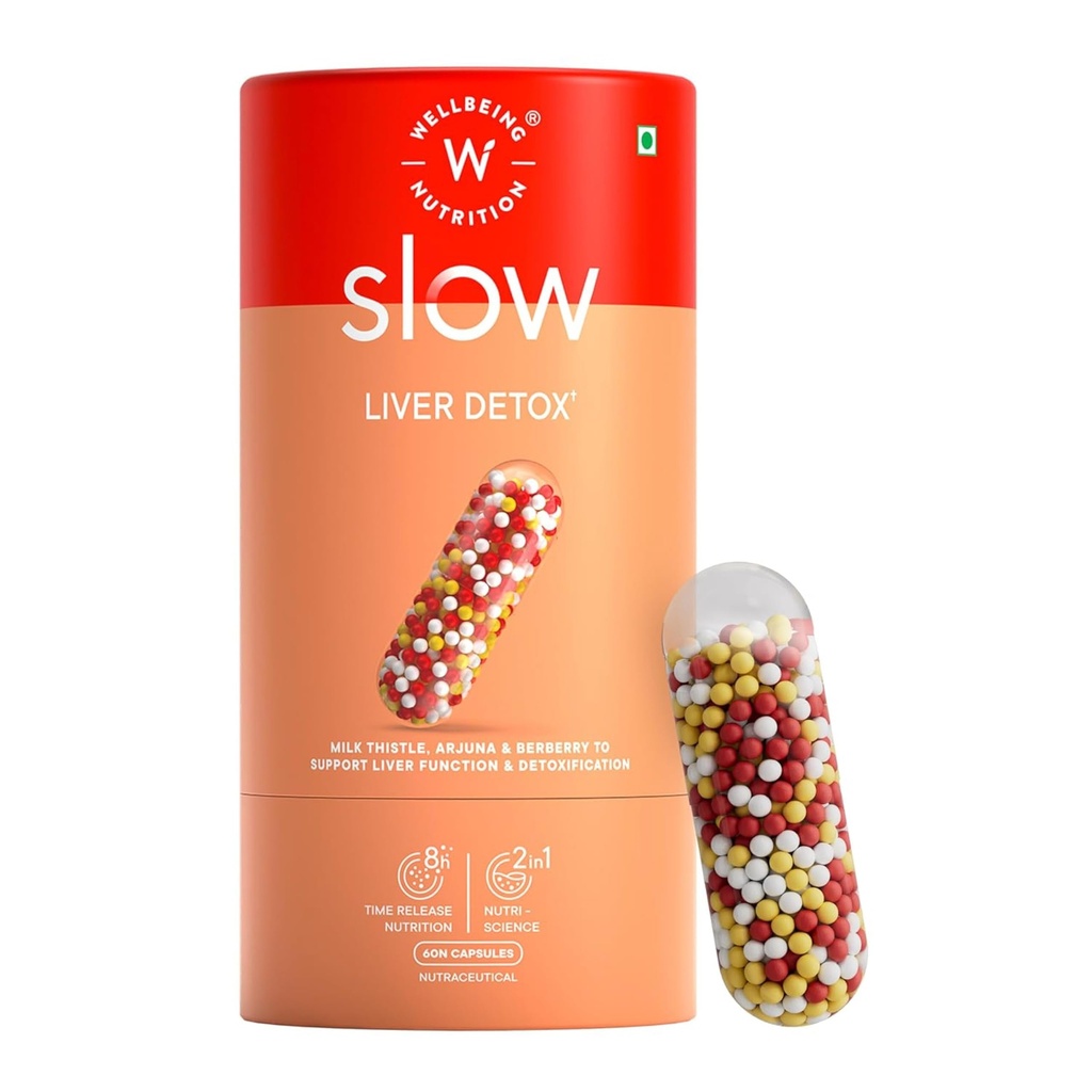 Wellbeing Nutrition Slow Liver Detox supplement with Pure Milk Thistle (80% Silymarin), Arjuna, Berberis, Detox & Digestive Enzymes| Supports Liver Health, Natural Detoxification | 60 Veg Capsules