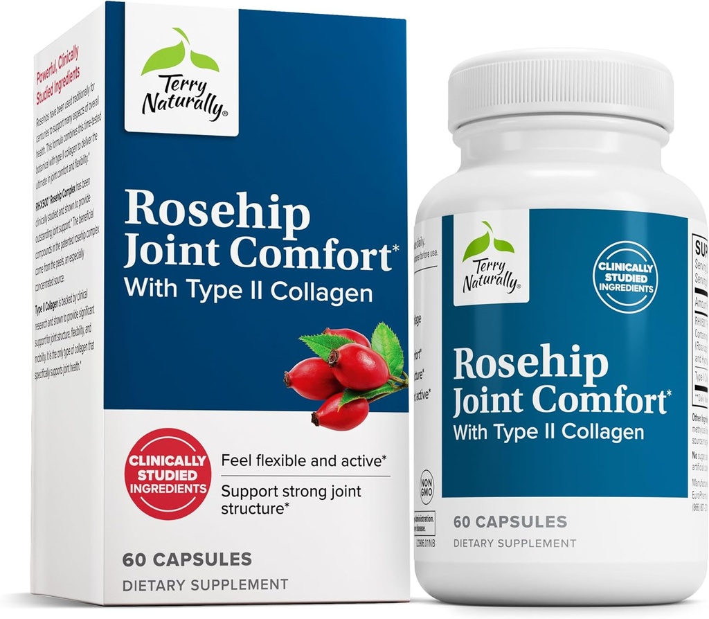 Terry Naturally Rosehip Joint Comfort - Tervislik liigese liikuvus ja paindlikkus Toetus Lisa - Lisa II tüüpi kollageeni - liigese struktuuri ja kõhre täiendus - 60 kapslit