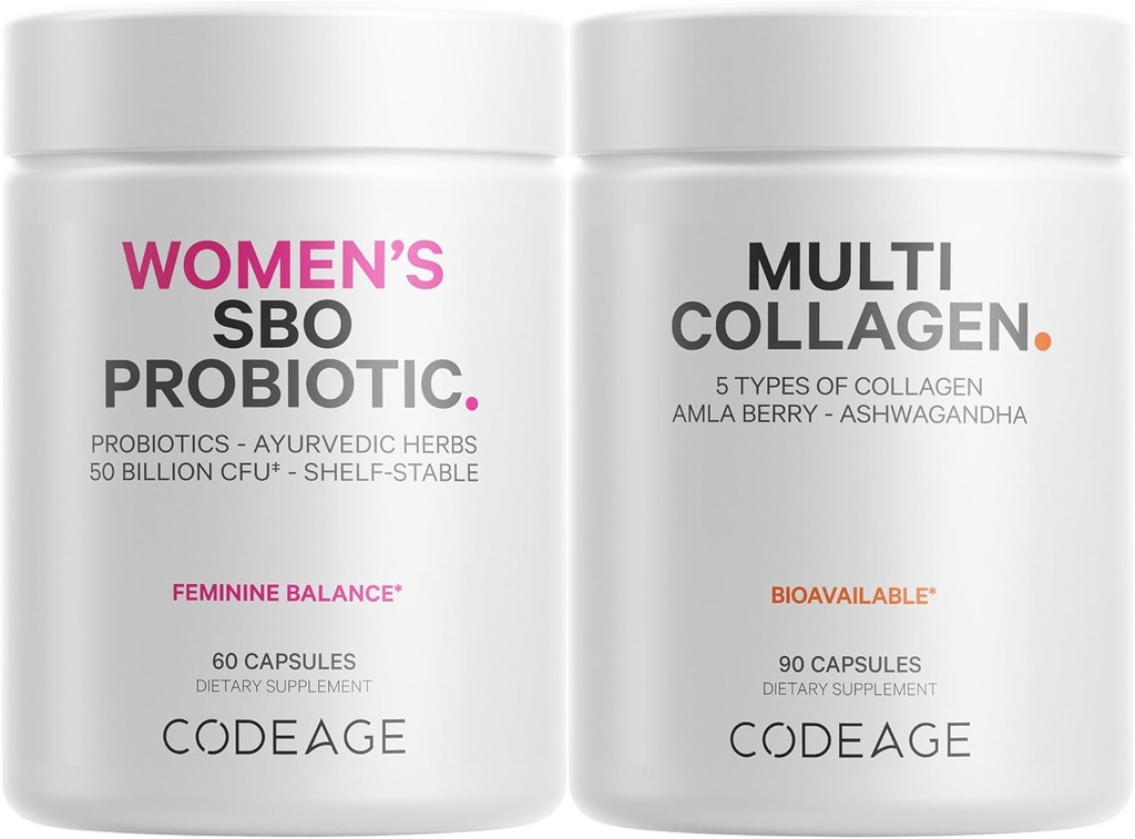 Codeage Multi kollageeni valgu kapslid ja probiootikumid naistele Bundle | Multi kollageeni pillid, kollageeni tüüp I, II, II, V & X, 90 Count | Prebiootikumid ja probiootikumid naistele - Soy & Dairy Free, 60 Count