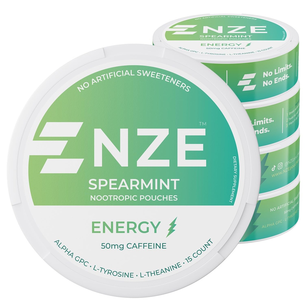 NZE kofeiin Nootroopsed kotid (Spearmint) - energiakotid 50mg kofeiini, Alpha GPC, L-türosiini ja L-Theanine ilma suhkru või kunstlike magusaineteta - 15 kotti purgi kohta - 5 pakendit