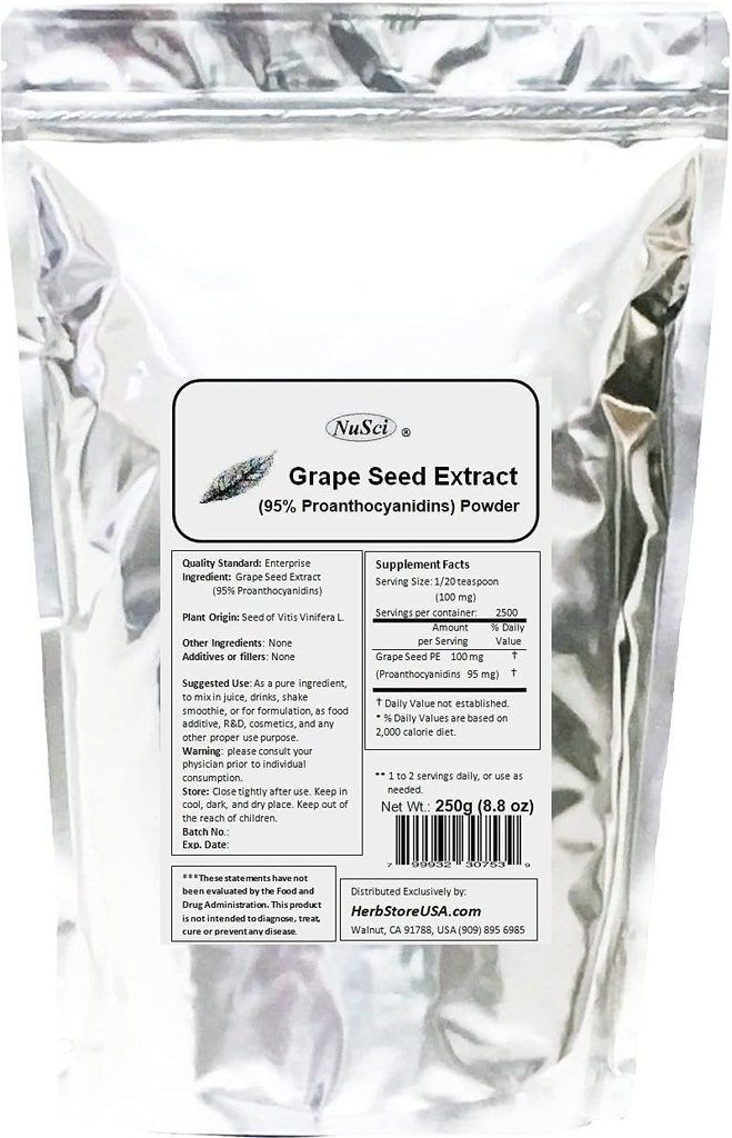 Viinamarjaseemned (Euroopa) Ekstrakt Pulber Standarditud 95% Proantotsüanidiinid OPC (250 Grams (8,8 oz)) Euroopas Kasvatatud GMO-vaba Kiiritamata