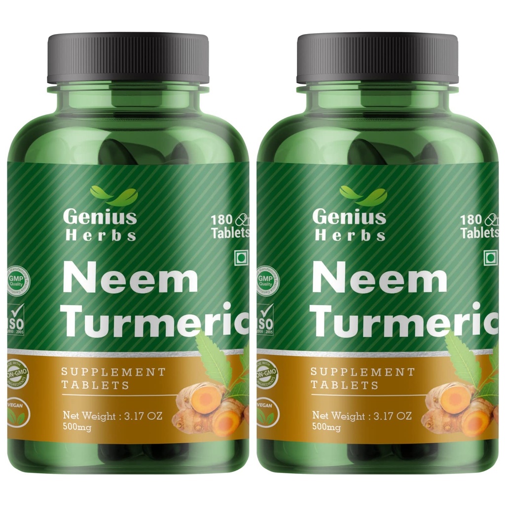 Neem Turmeric Tablets 500mg – 360 Veg Tablets |Ayurvedic Herbal Detox Supplement | Supports Immunity, Skin & Digestion | Vegan, Non-GMO | Pack of 2 (90 Day Supply)