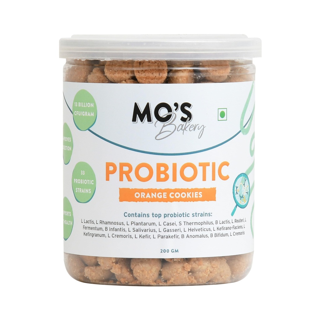 Mo's Probiotic Cookies, 200 G | Orange Digestive Cookies | Probiotic Supplement With 13 Billion CFU | 33 Probiotic Strains | Improve Digestion & Gut Health | Acidity Relief