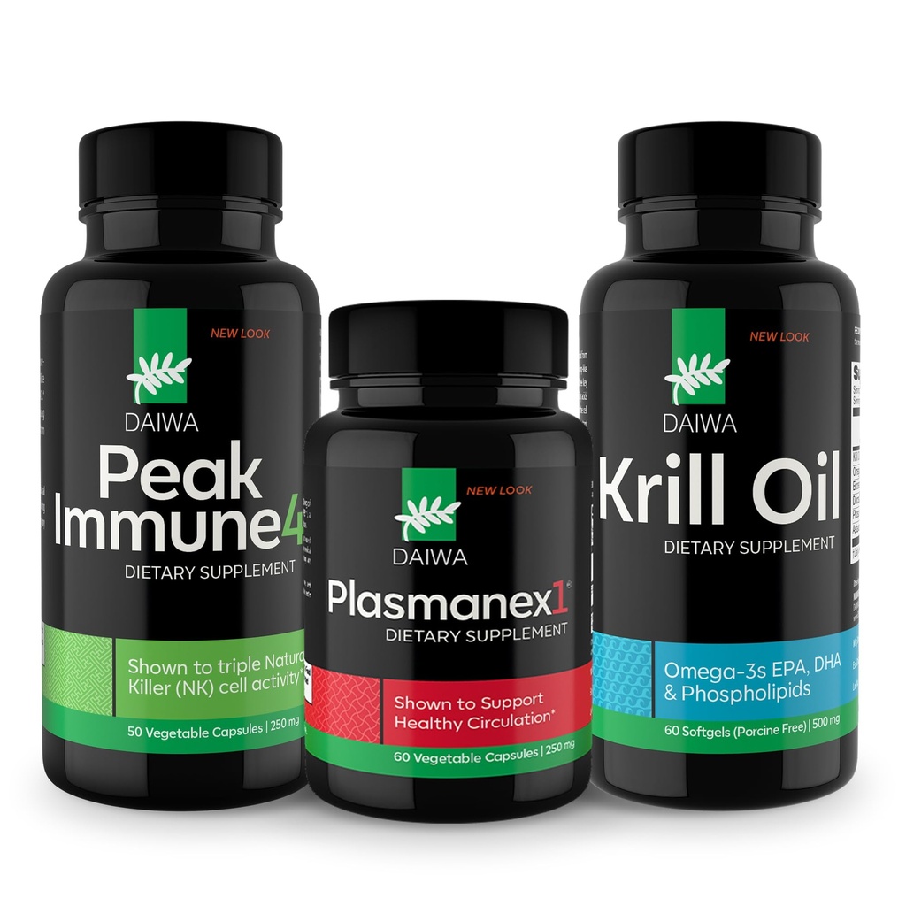Daiwa Peak Immune 4 - Natural Immune System Booster + Plasmanex 1 - BloodCirculation Supplement + Krill Oil - Omega 3 Krill õli kapslid